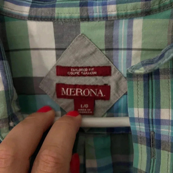 Merona Mens Large Button Up Shirt Green Blue 100% Cotton - Picture 2 of 5